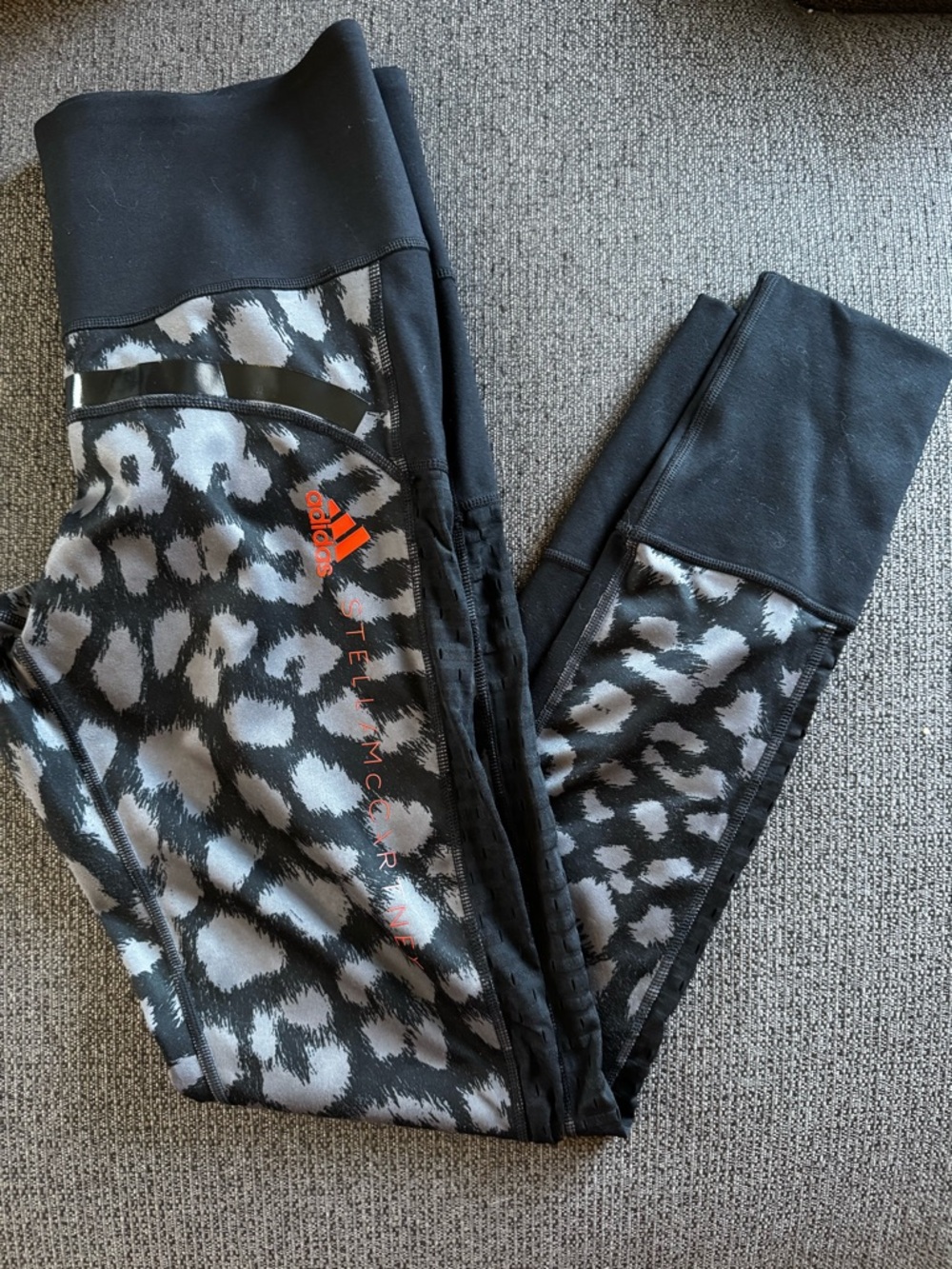 adidas Black & Gray Animal Print Leggings with Orange Logo Accent